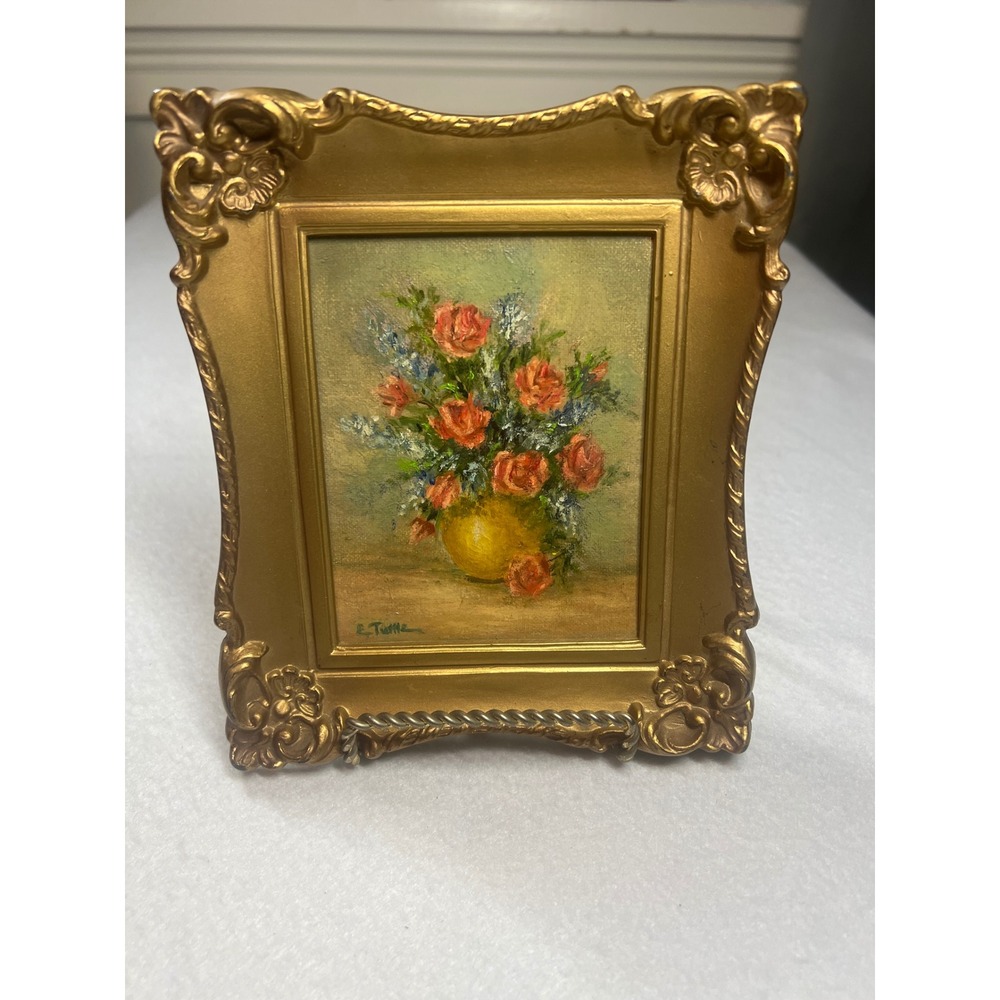 Vintage MCM Still Life Floral Painting Gold Ornate Mini Frame Regency 1964 USA